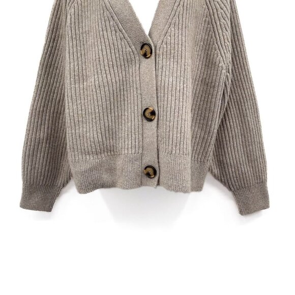 H&M Rib Knit Wool Button Front Loose Oversized Fit Cardigan Sweater Top Taupe - Picture 6 of 8